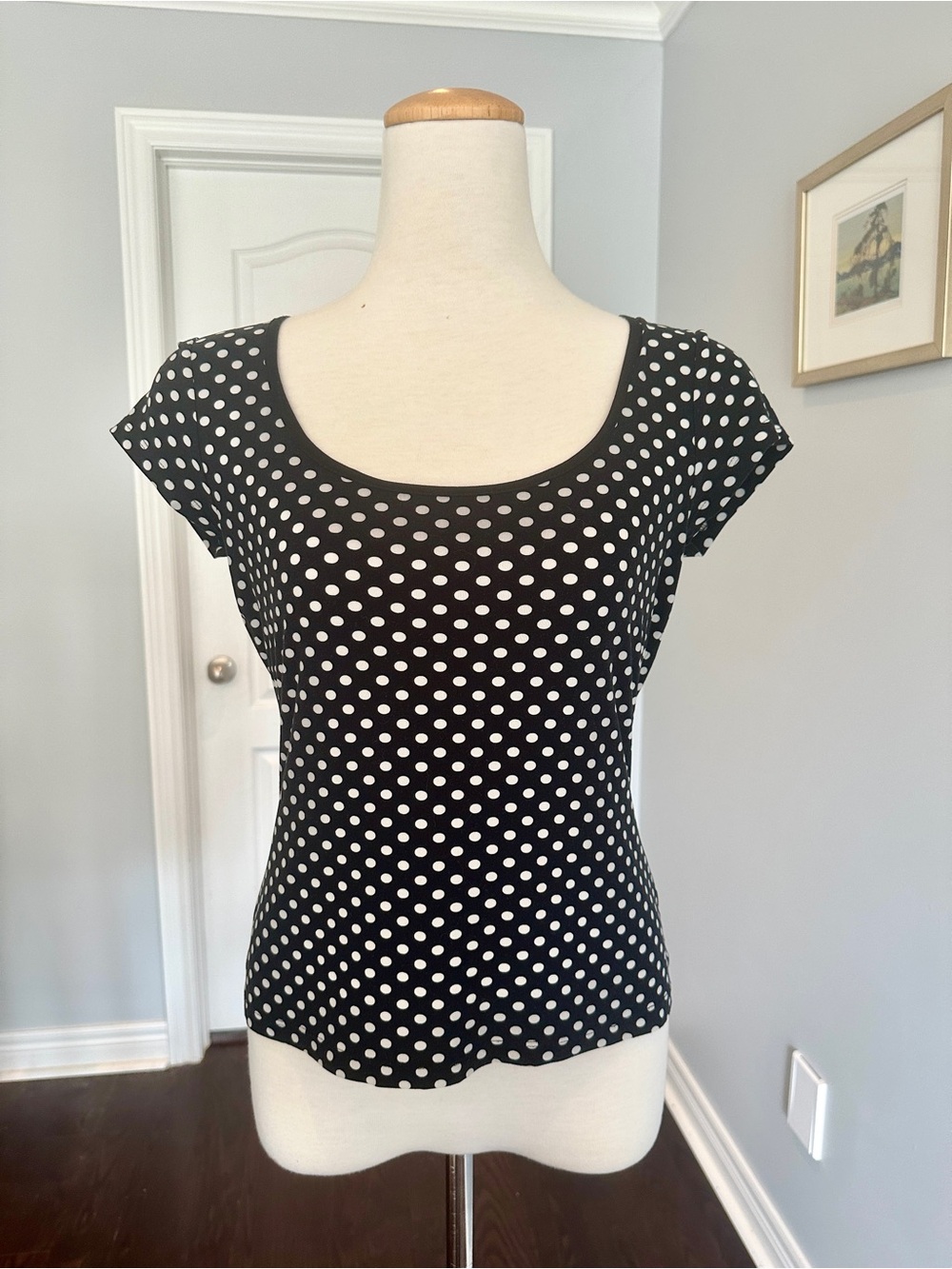 INC International Concepts Black Scoop Neck Polka Dot Tee
